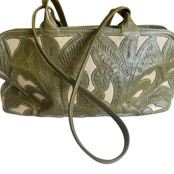 T. Saldivar Hand-Tooled Leather Shoulder Bag In Olive Green Beige Mexican Boho - Picture 2 of 7